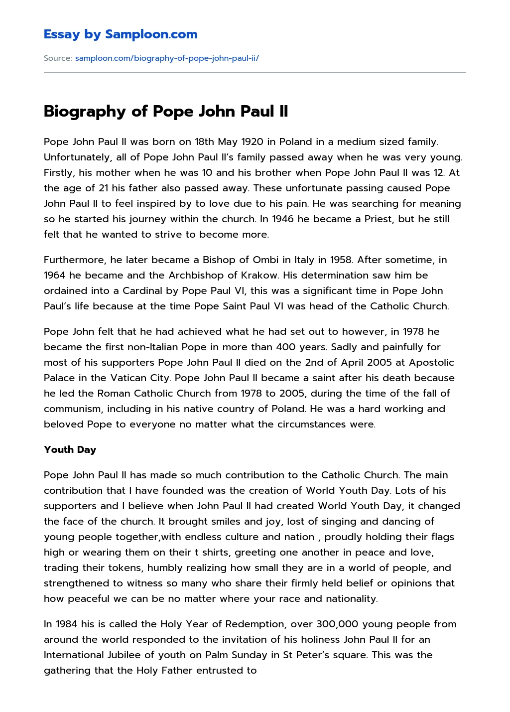 Biography of Pope John Paul II essay