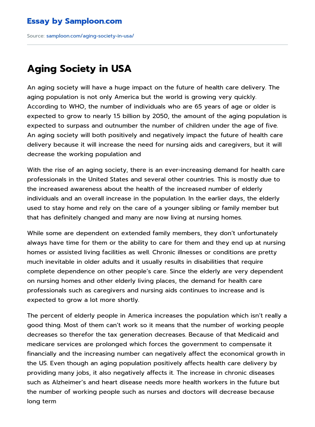 Aging Society in USA essay