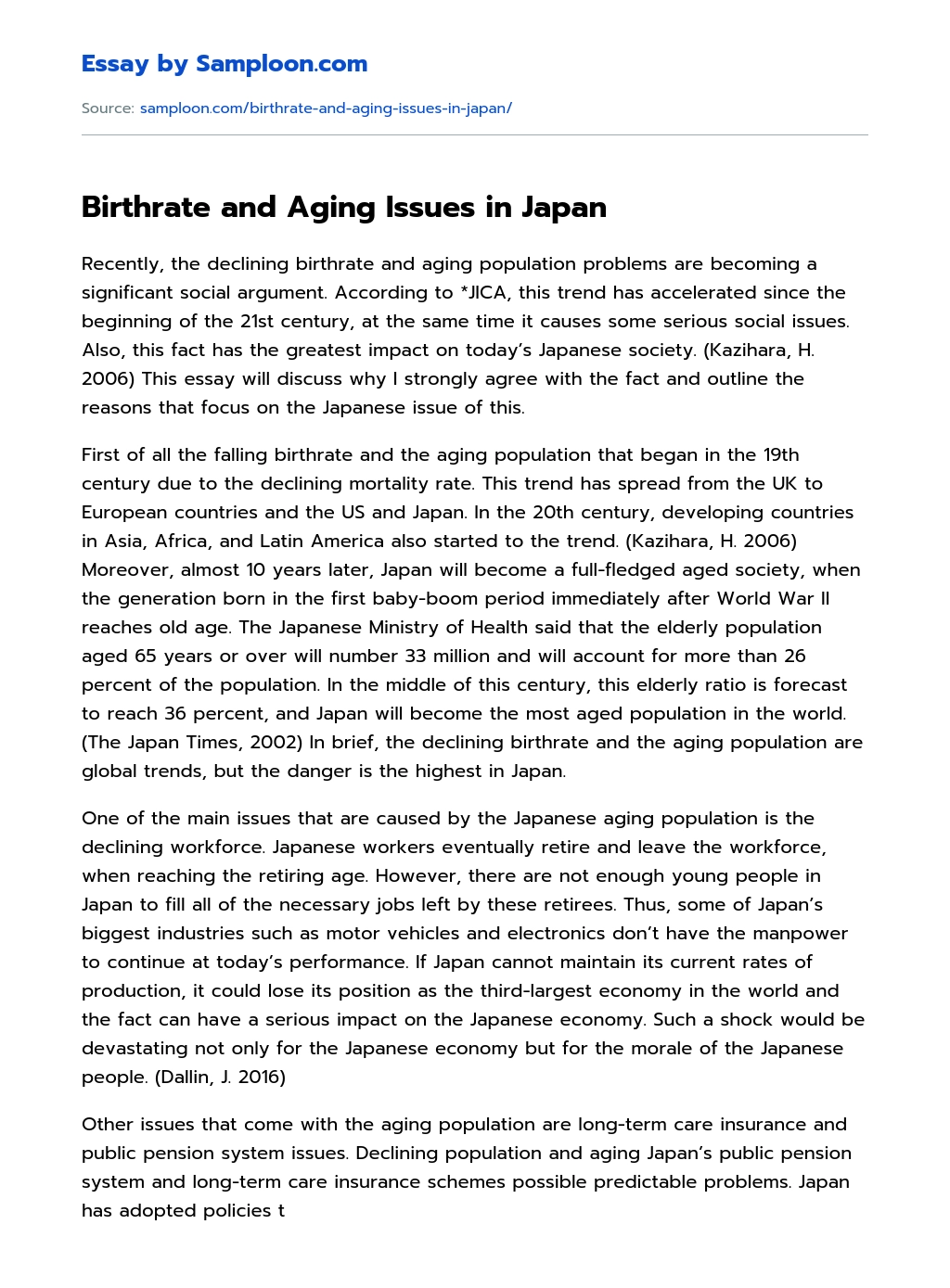 Birthrate and Aging Issues in Japan essay