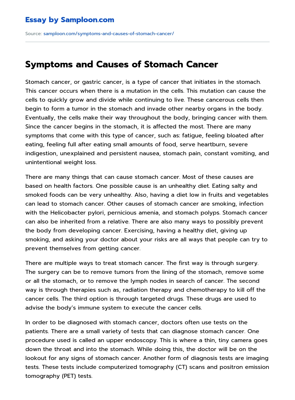 Symptoms and Causes of Stomach Cancer  essay