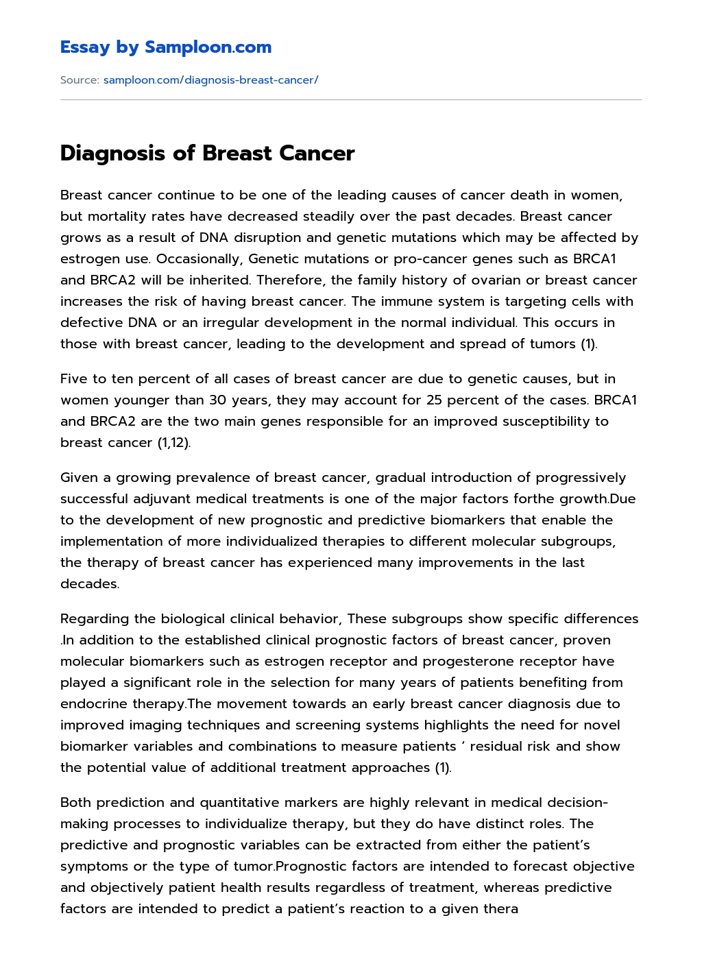 Diagnosis of Breast Cancer essay