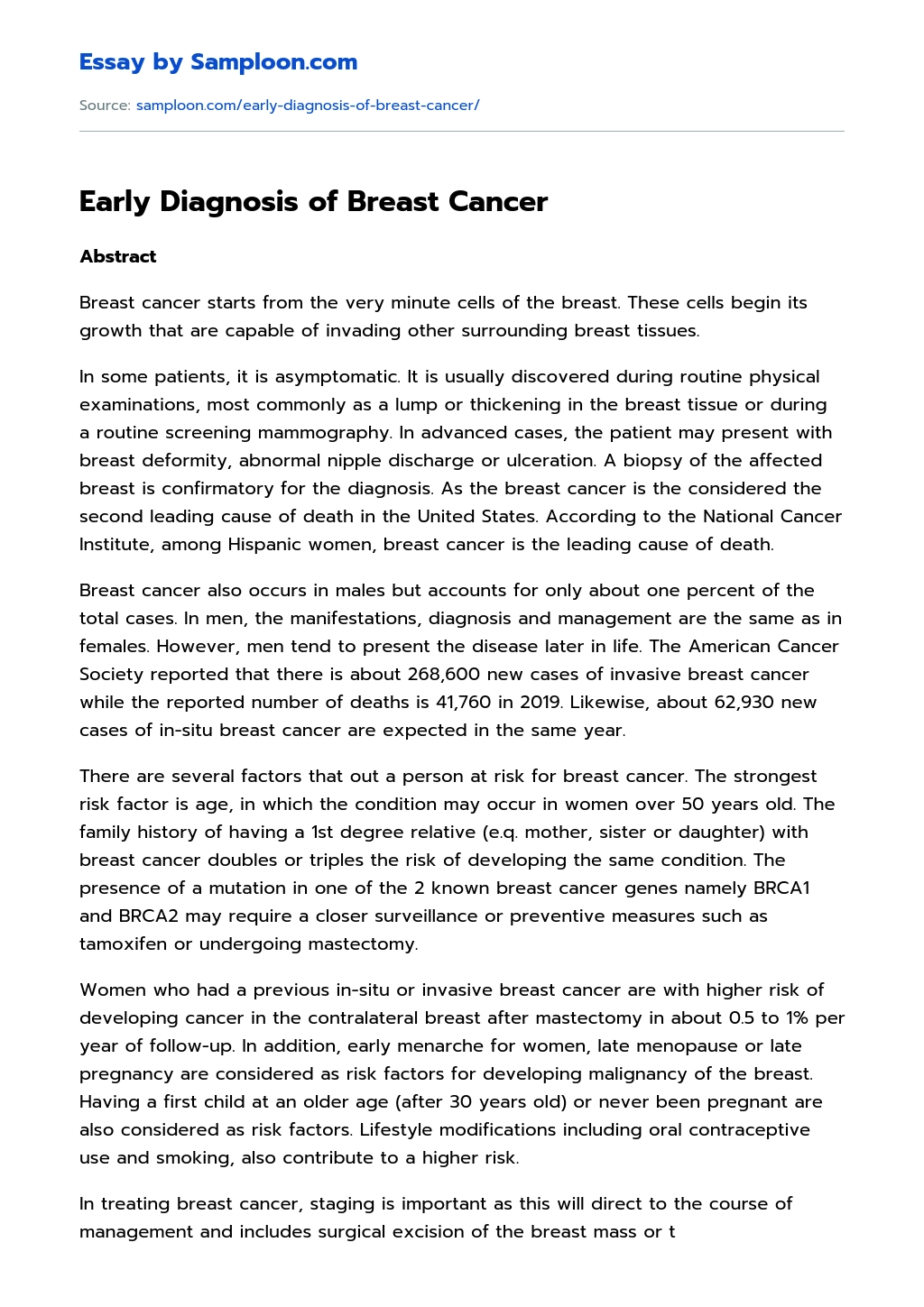 Early Diagnosis of Breast Cancer essay