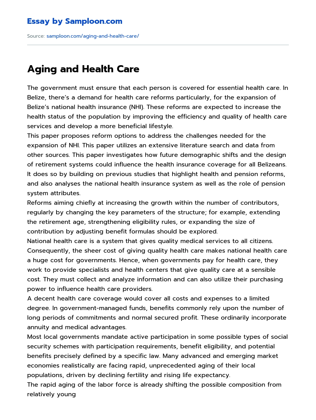 Aging and Health Care essay