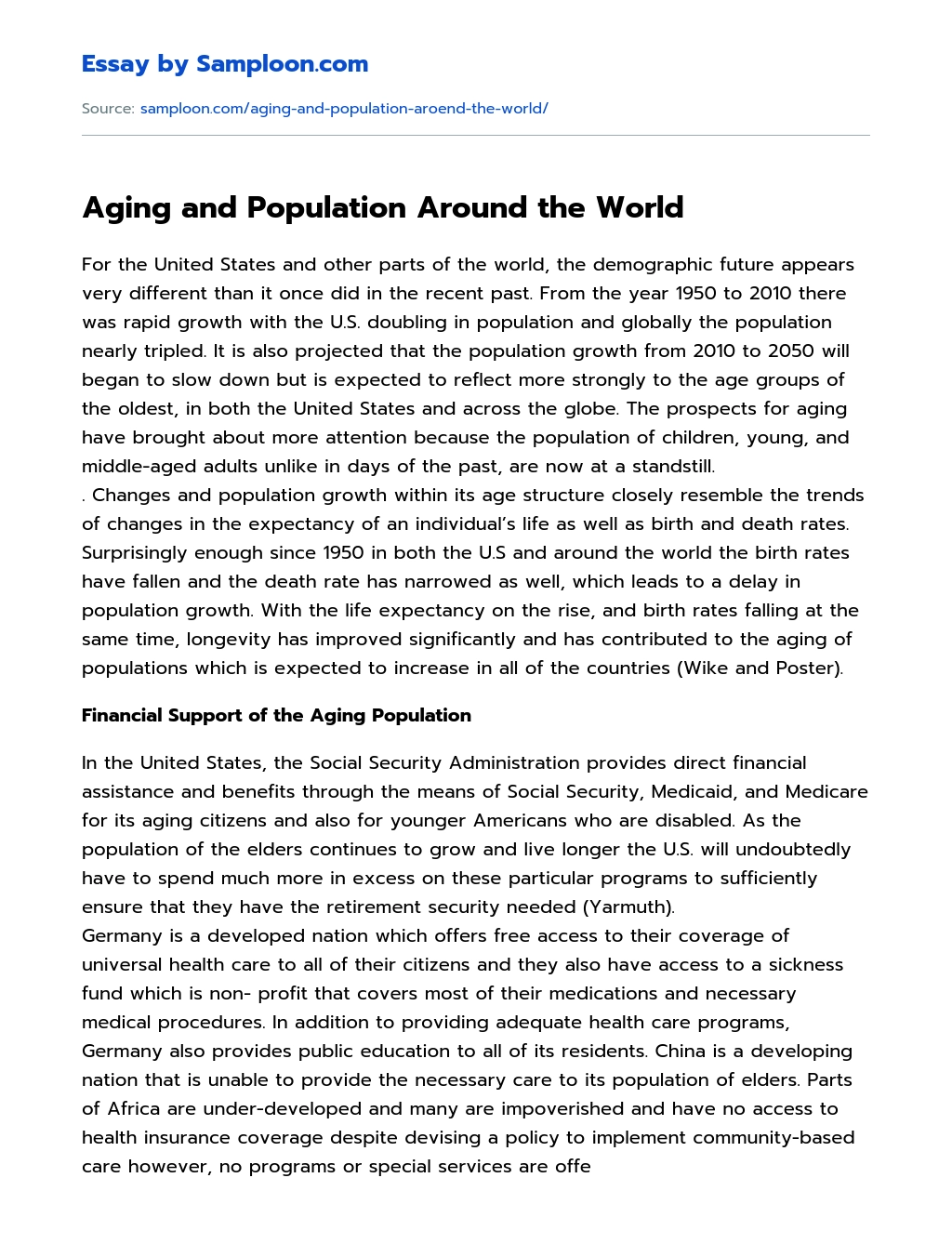Aging and Population Around the World essay