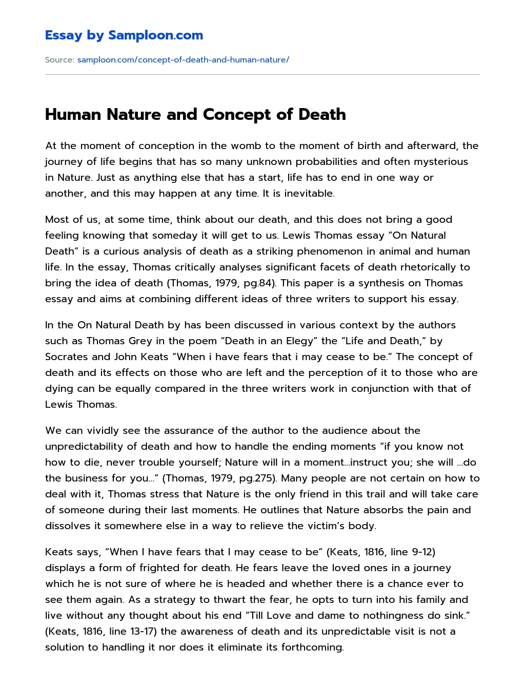 Human Nature and Concept of Death Summary essay