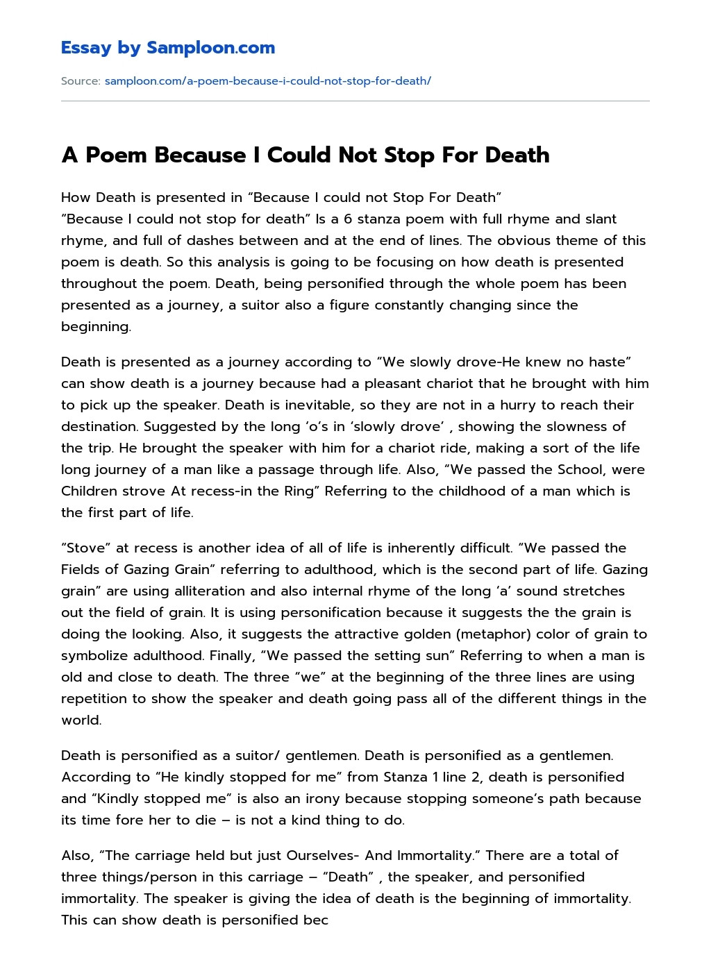 A Poem Because I Could Not Stop For Death Analytical Essay essay