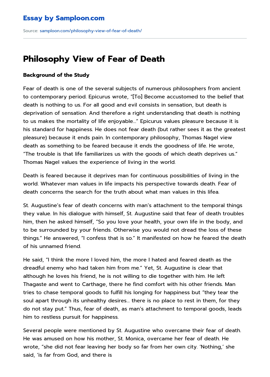 Philosophy View of Fear of Death essay