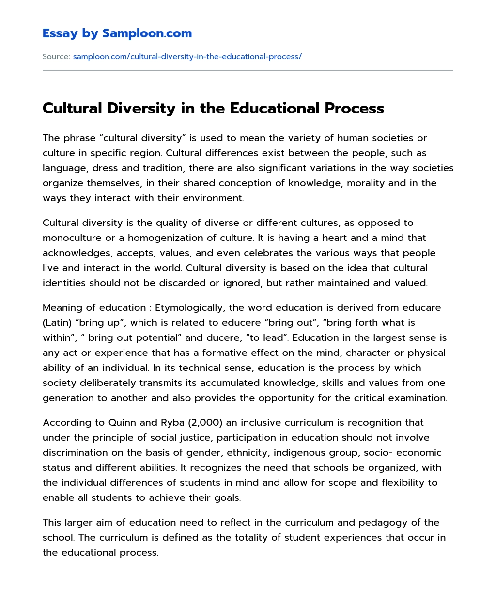 Cultural Diversity in the Educational Process essay