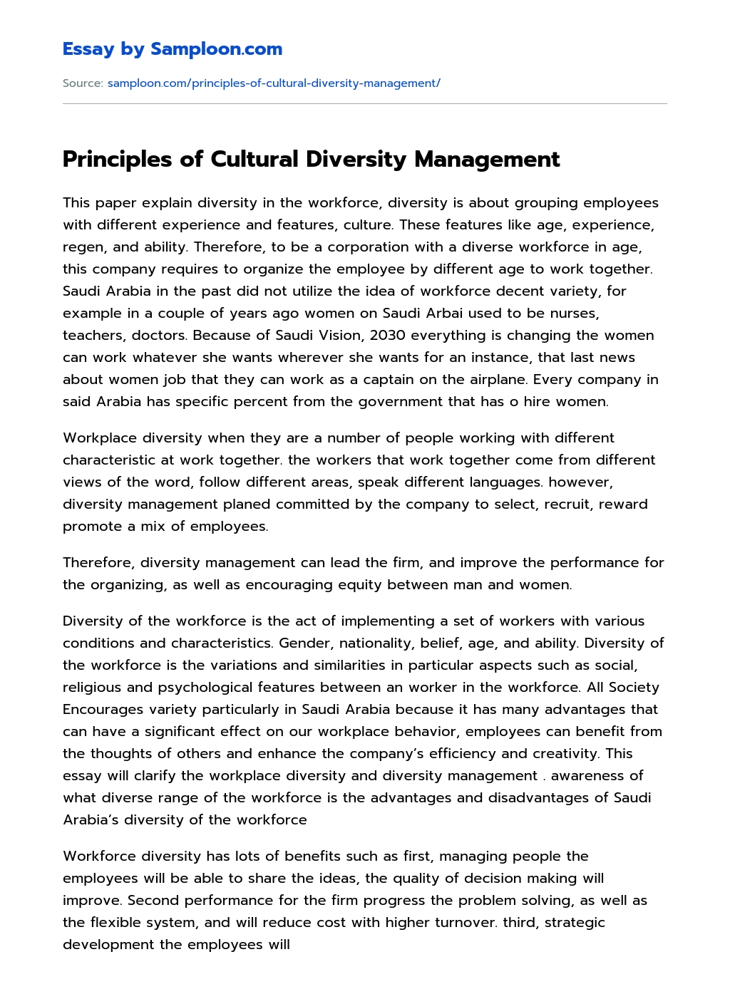 Principles of Cultural Diversity Management essay