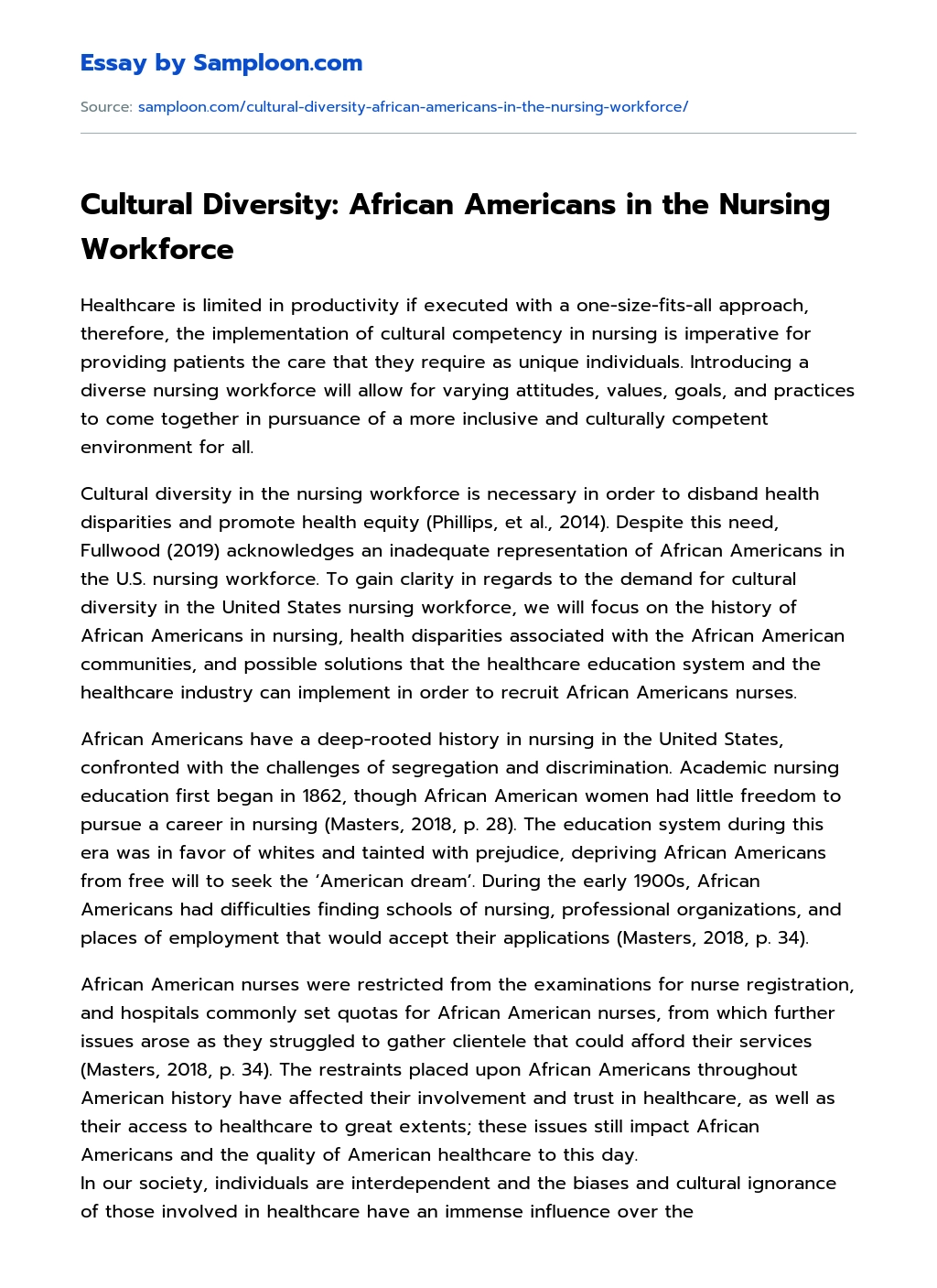 Cultural Diversity: African Americans in the Nursing Workforce  essay