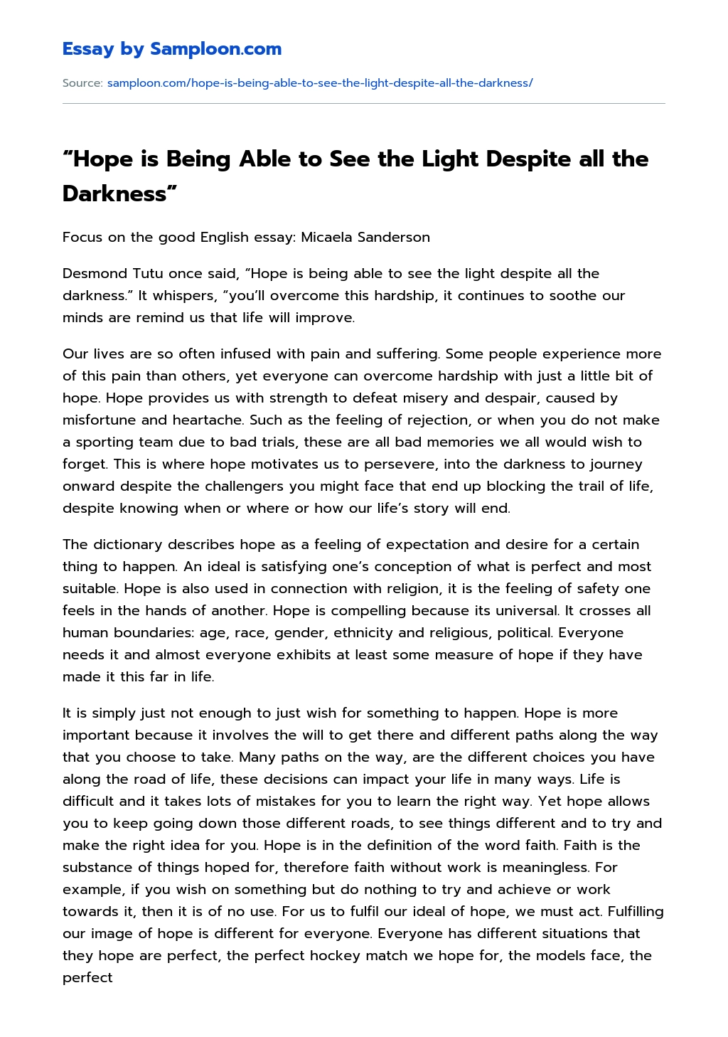 “Hope is Being Able to See the Light Despite all the Darkness” Argumentative Essay essay