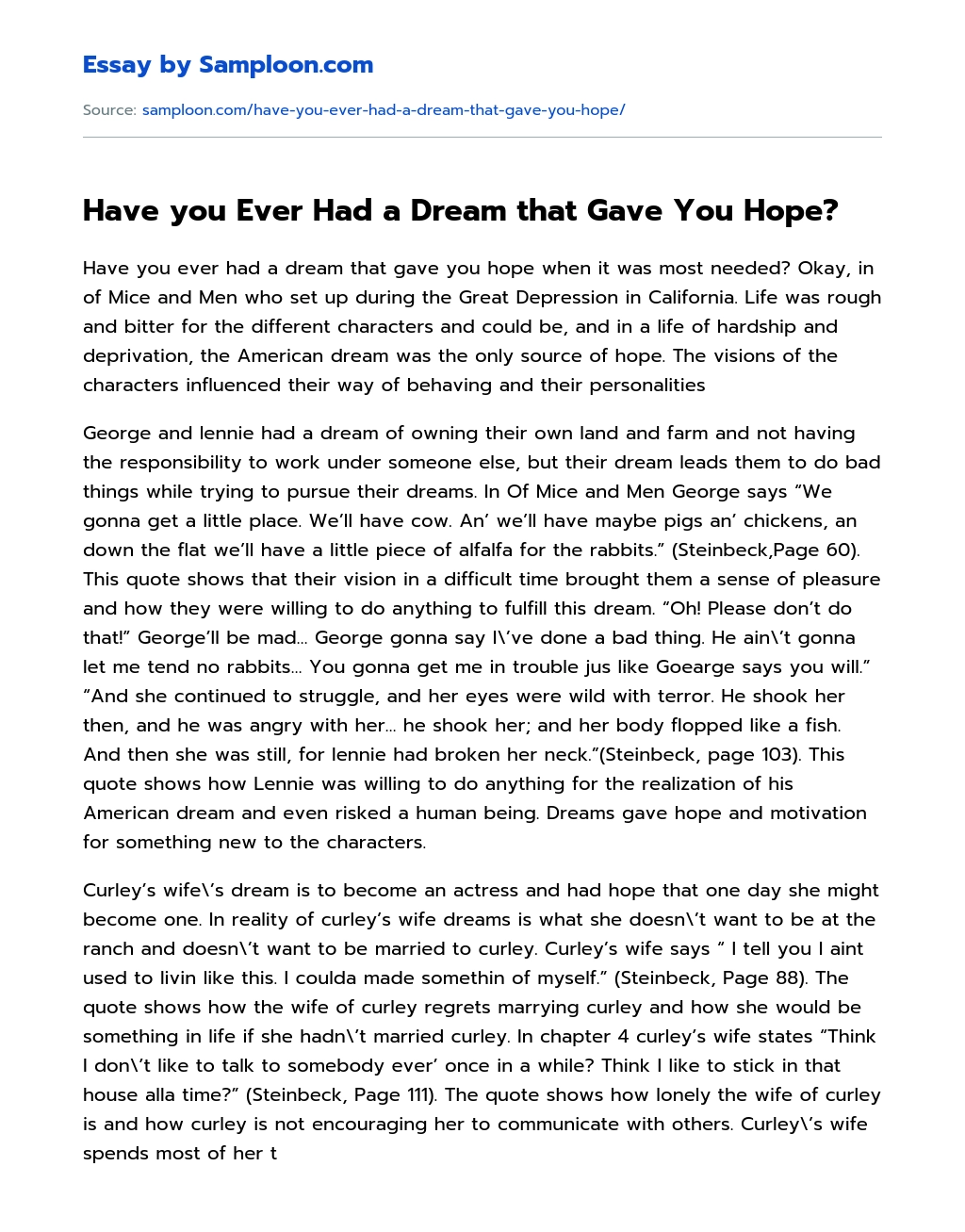 Have you Ever Had a Dream that Gave You Hope? essay