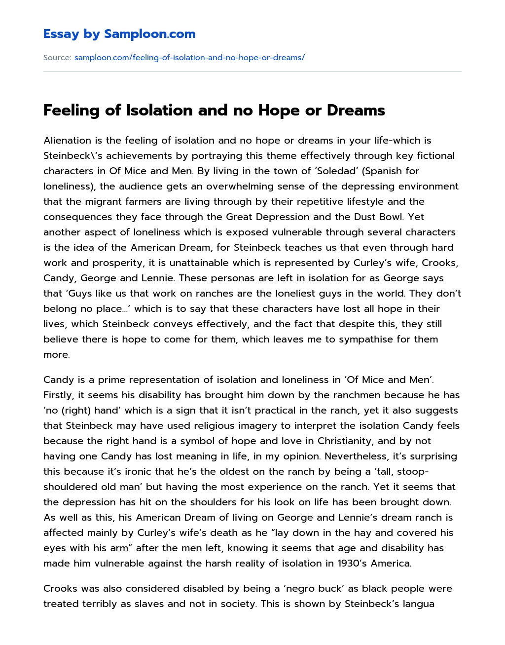 Feeling of Isolation and no Hope or Dreams essay