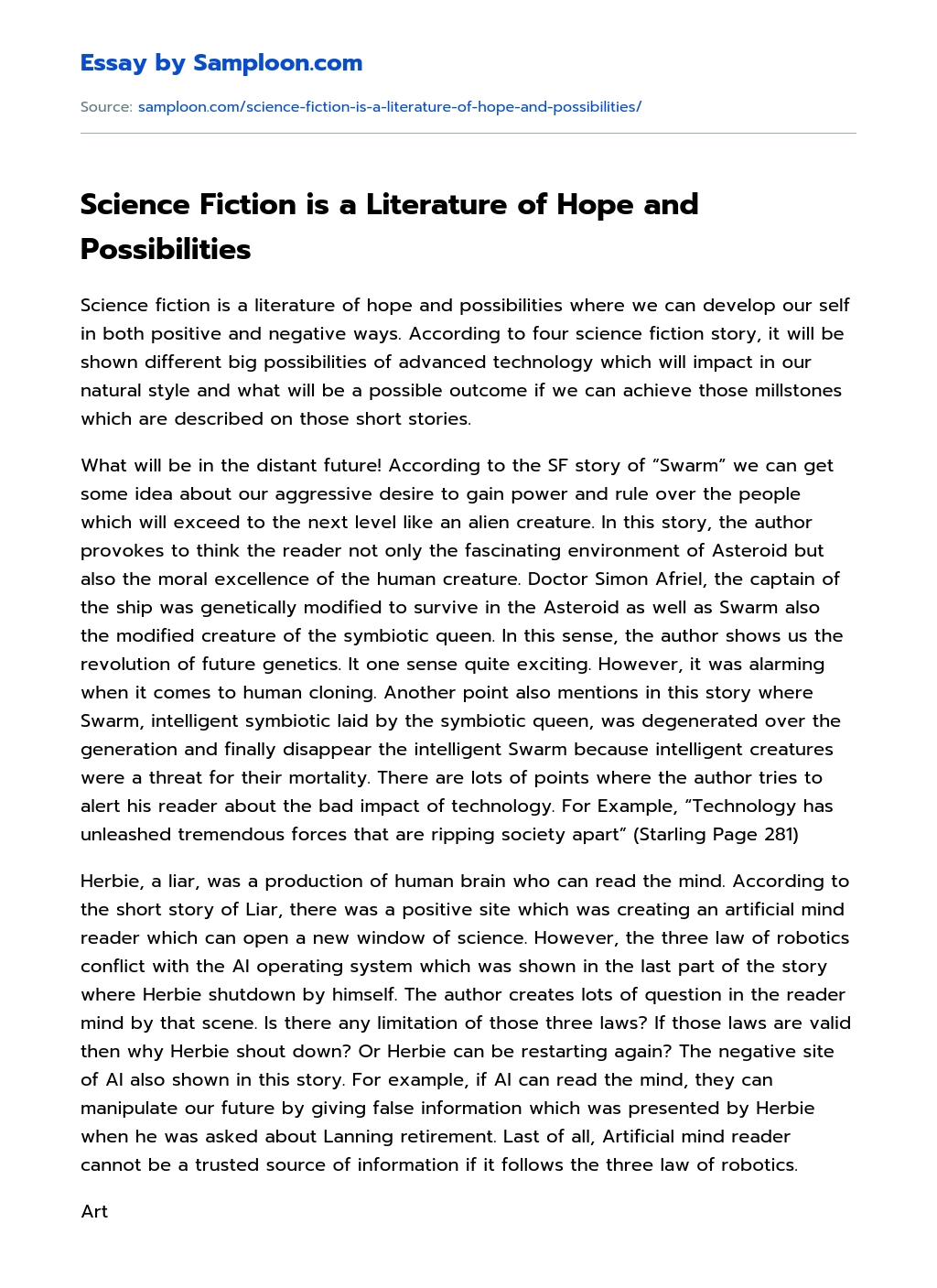 Science Fiction is a Literature of Hope and Possibilities essay