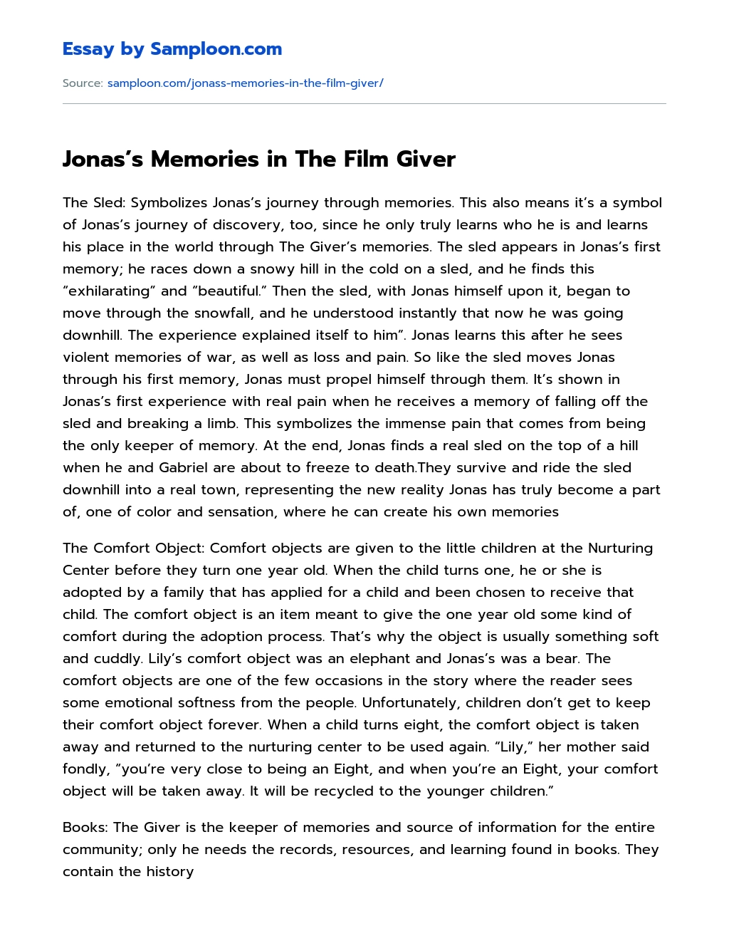 Jonas’s Memories in The Film Giver Opinion Essay essay