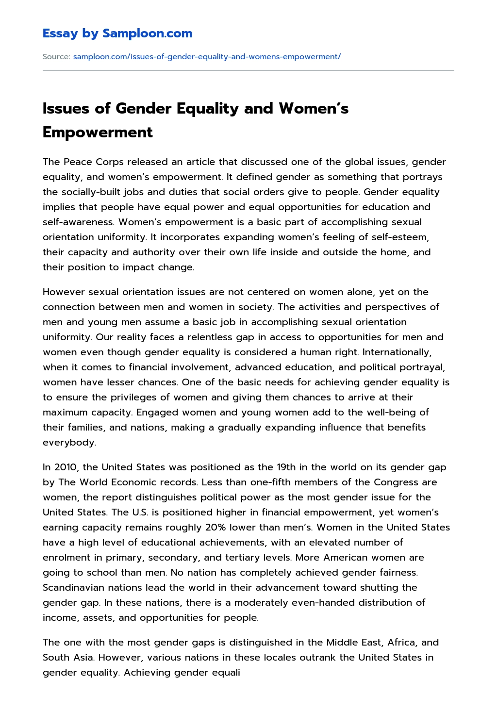 Issues of Gender Equality and Women’s Empowerment essay