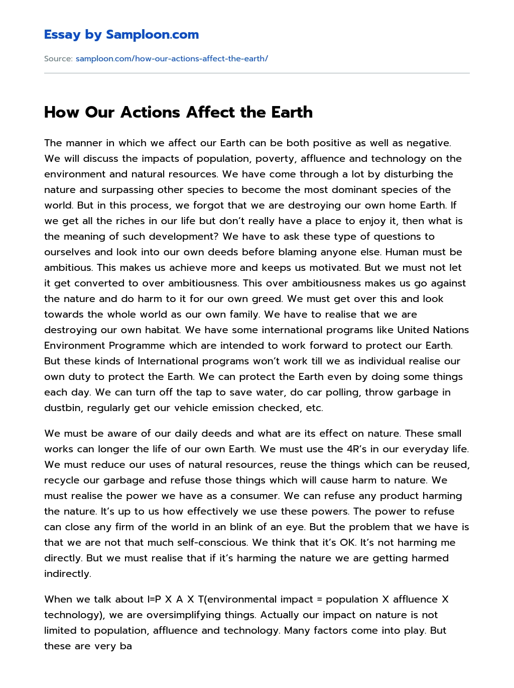 How Our Actions Affect the Earth essay