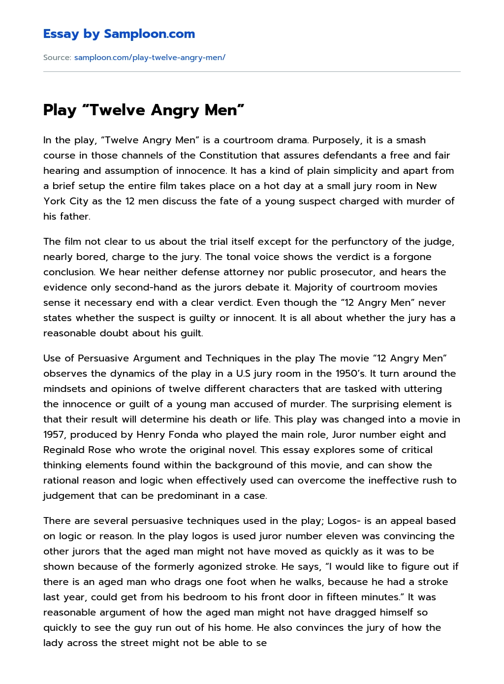 Play “Twelve Angry Men” essay
