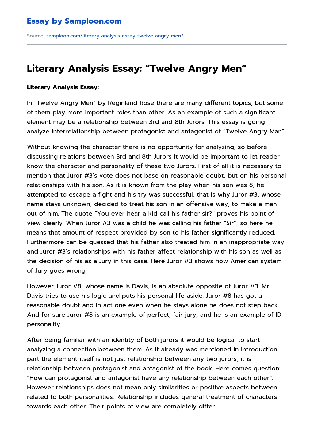 Literary Analysis Essay: “Twelve Angry Men” essay