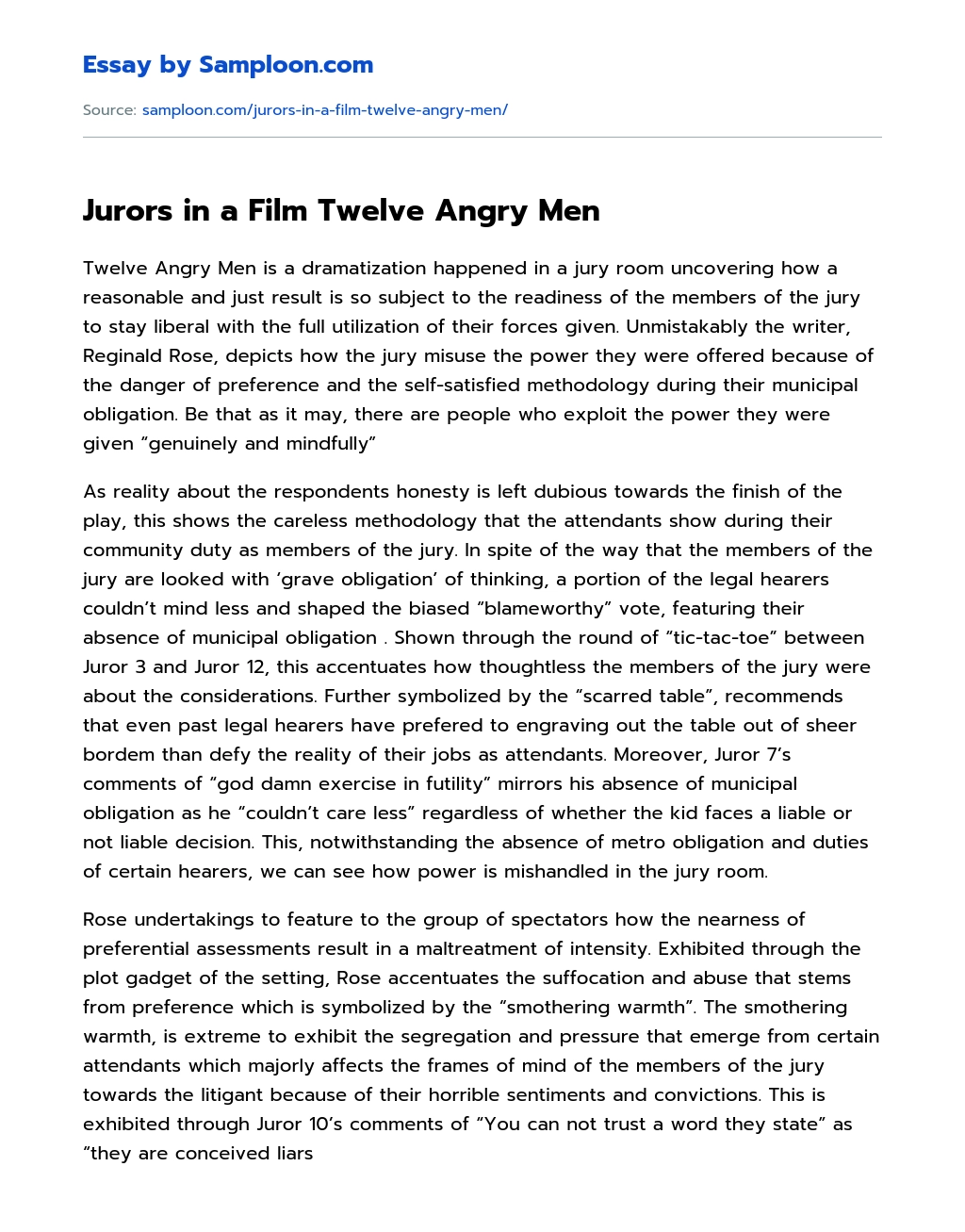 Jurors in a Film Twelve Angry Men essay