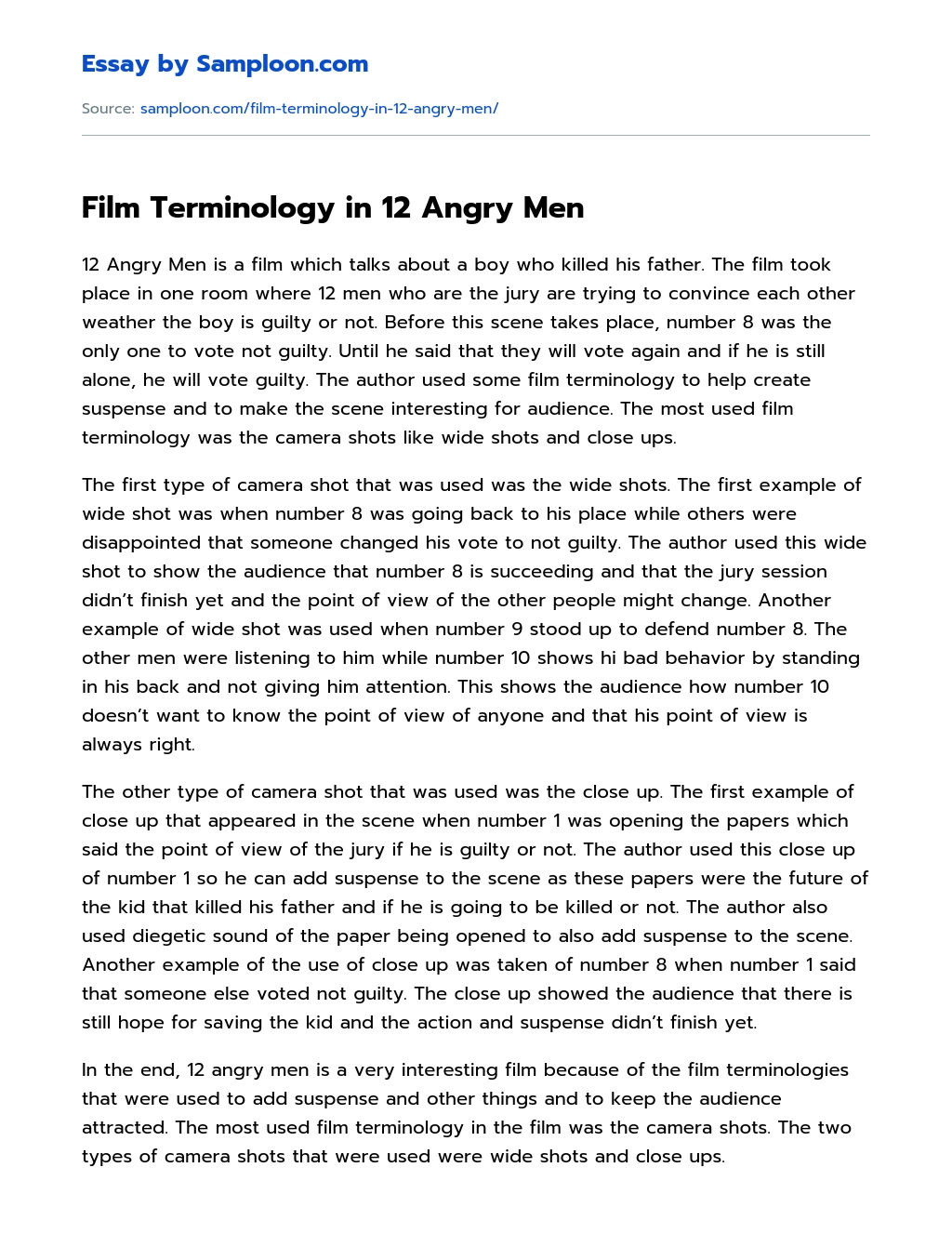 Film Terminology in 12 Angry Men essay