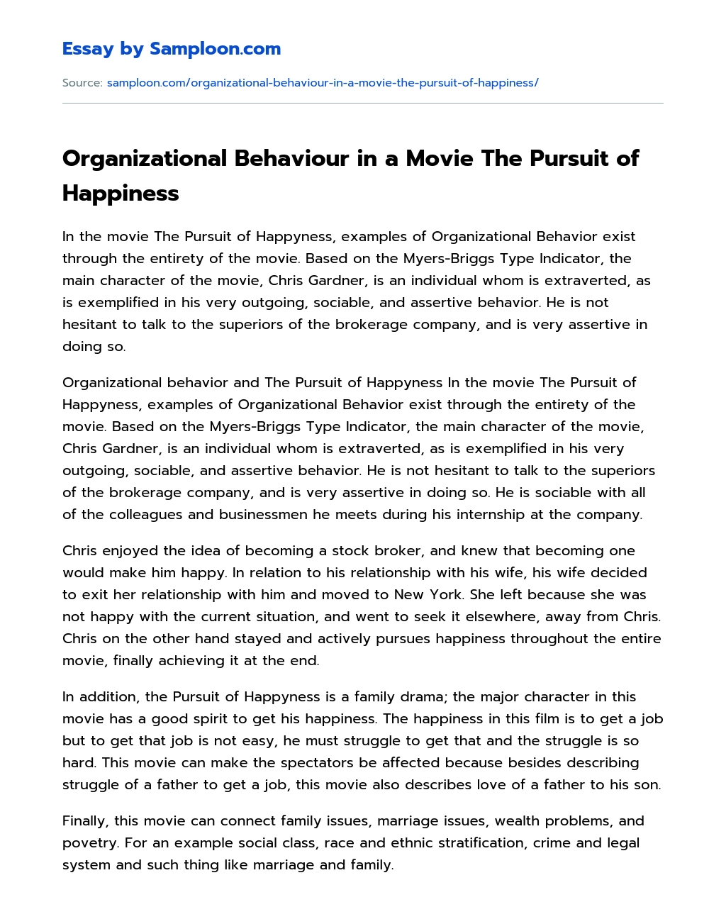 Organizational Behaviour in a Movie The Pursuit of Happiness essay