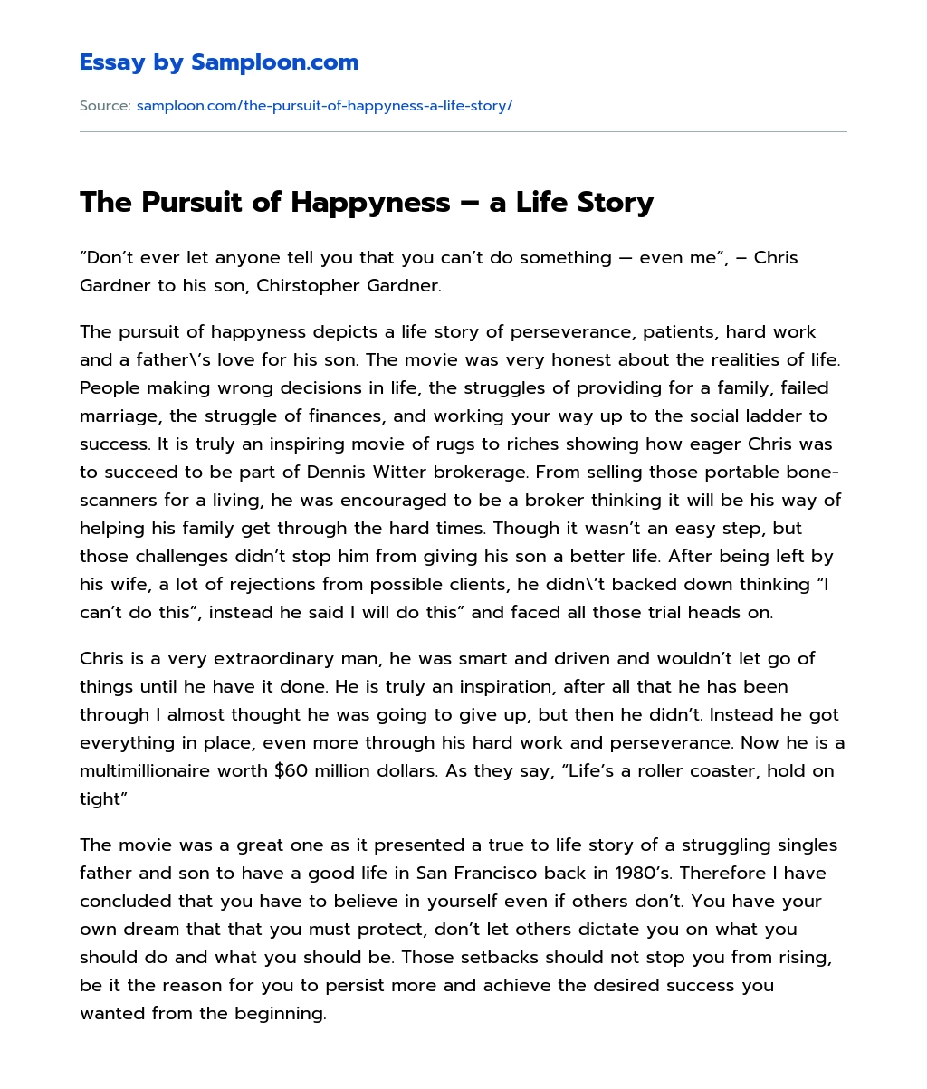The Pursuit of Happyness – a Life Story essay