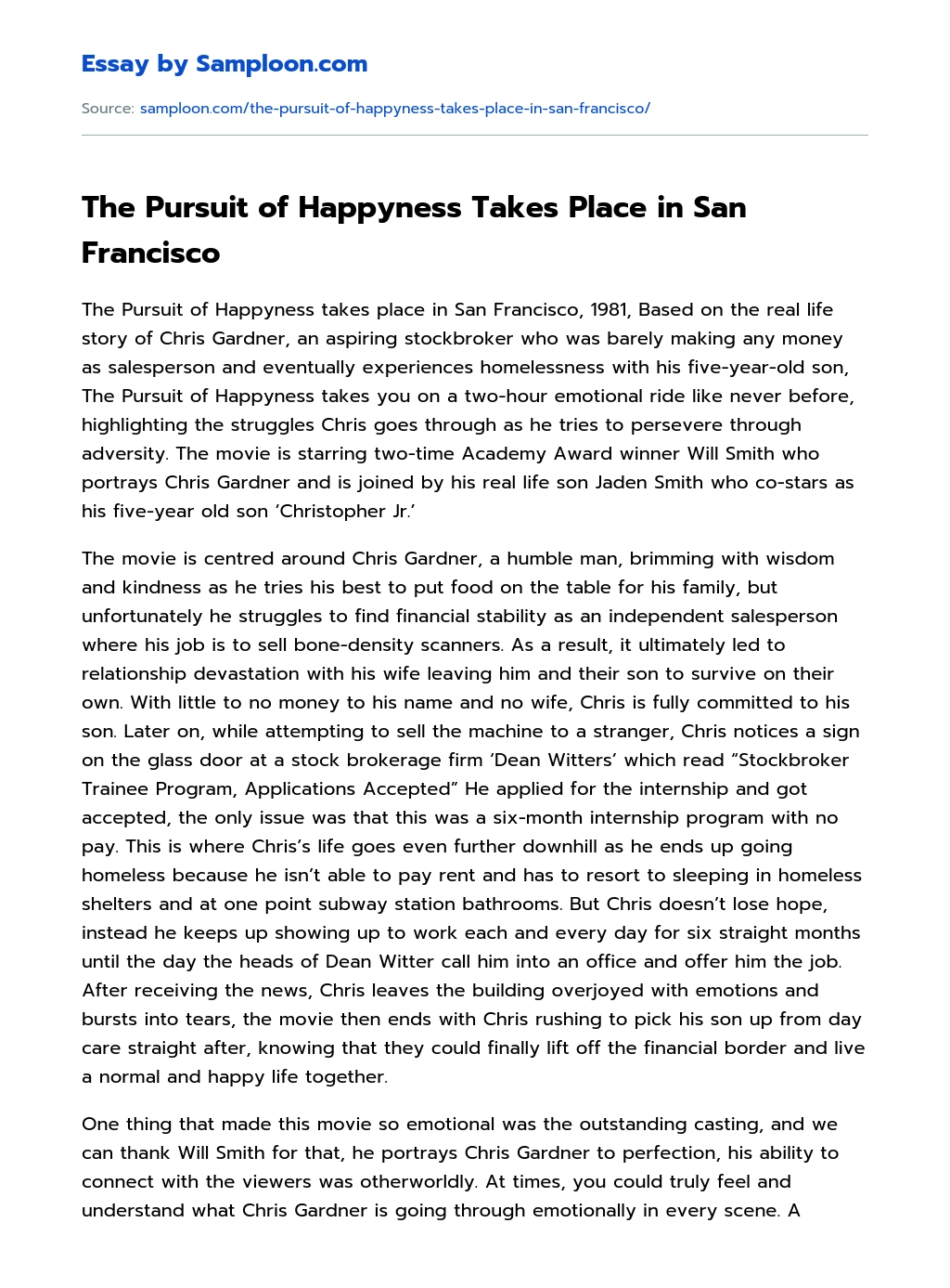 The Pursuit of Happyness Takes Place in San Francisco Review essay