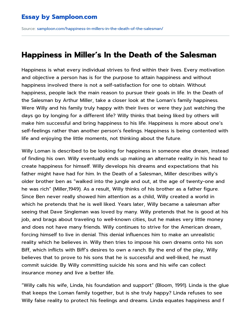 Happiness in Miller’s In the Death of the Salesman Review essay