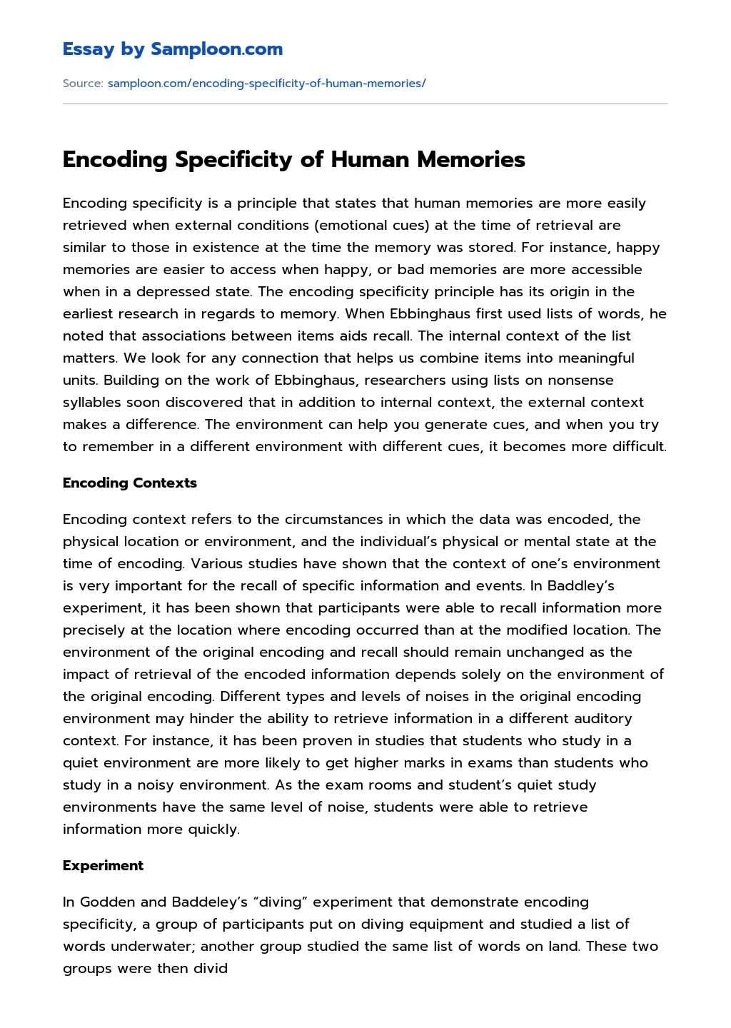 Encoding Specificity of Human Memories Argumentative Essay essay