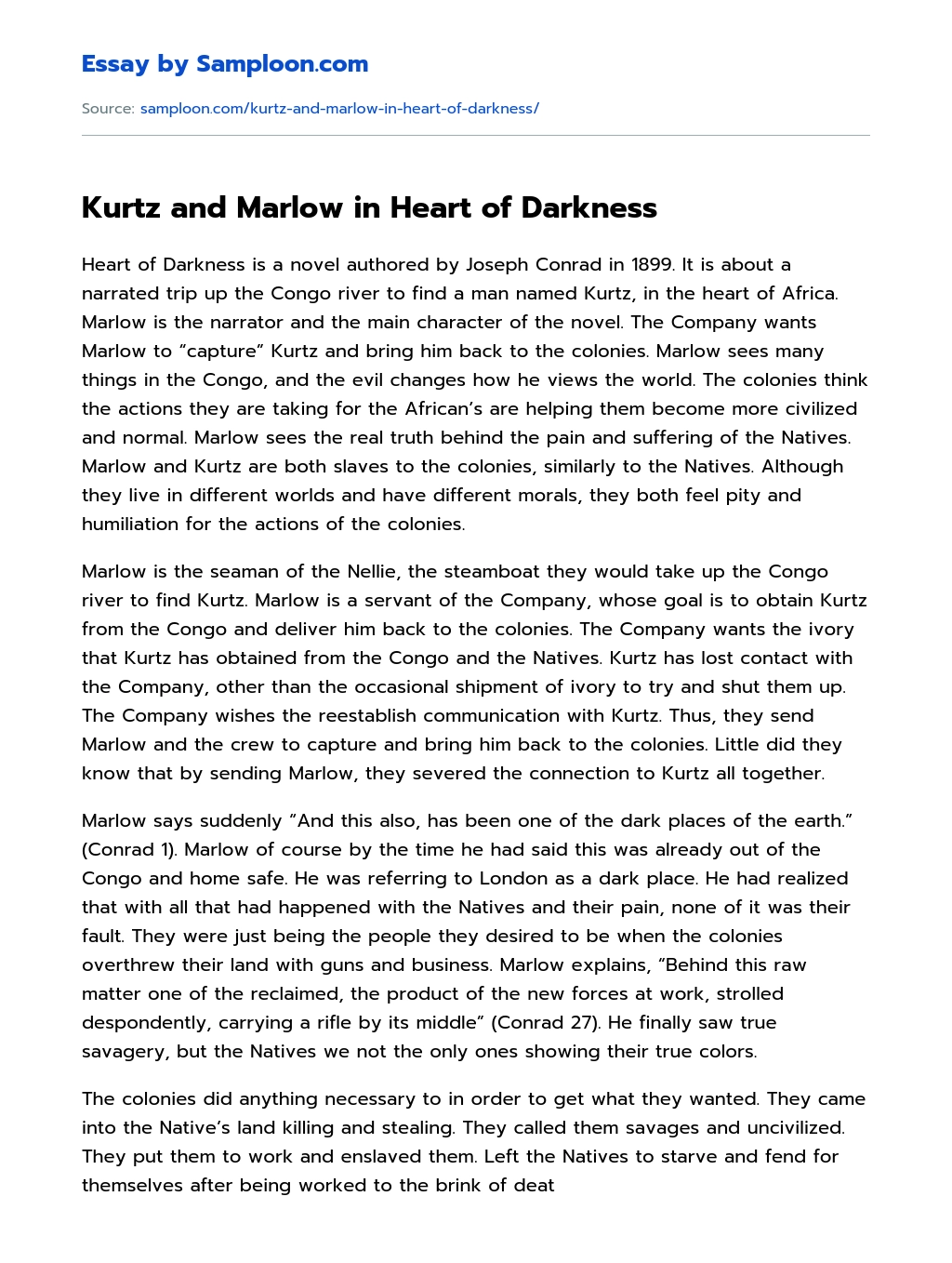 Kurtz and Marlow in Heart of Darkness Summary essay