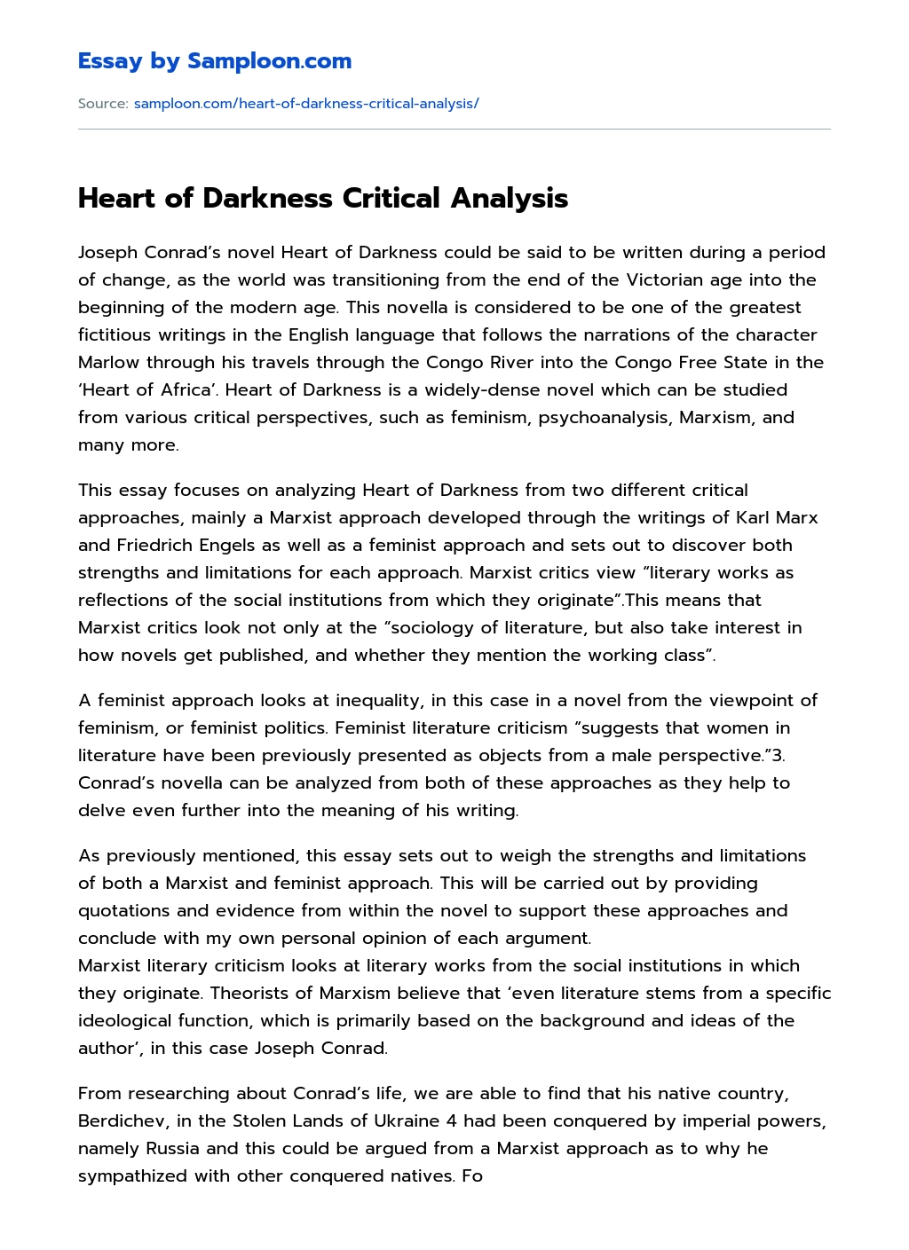 Heart of Darkness Critical Analysis essay