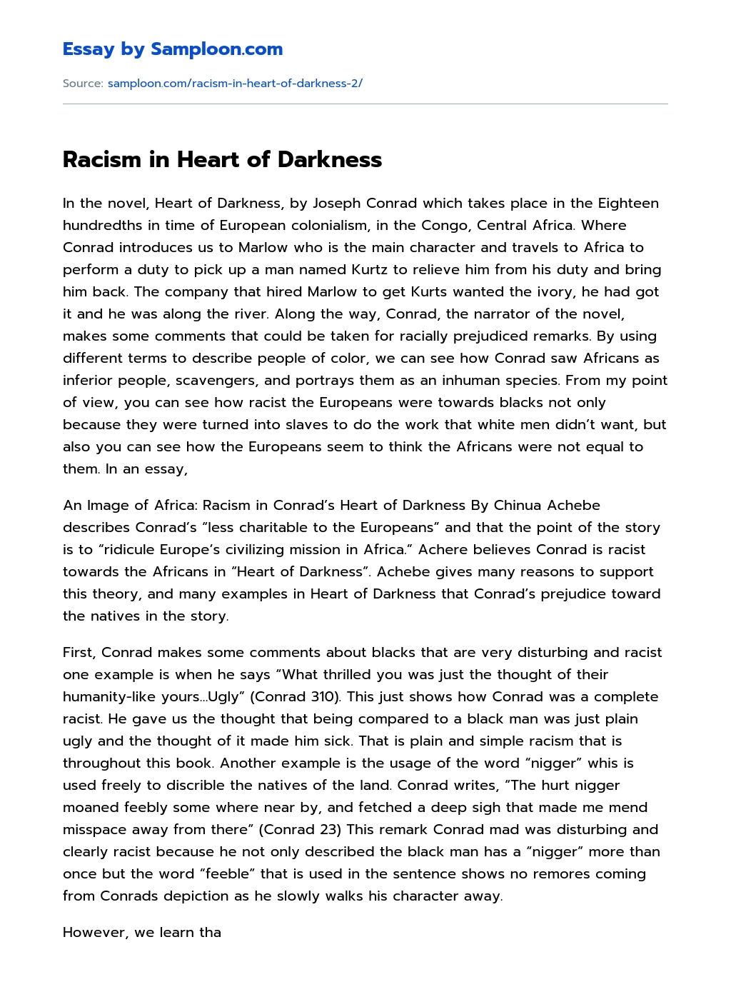 Racism Issue in the Book Heart of Darkness Summary essay