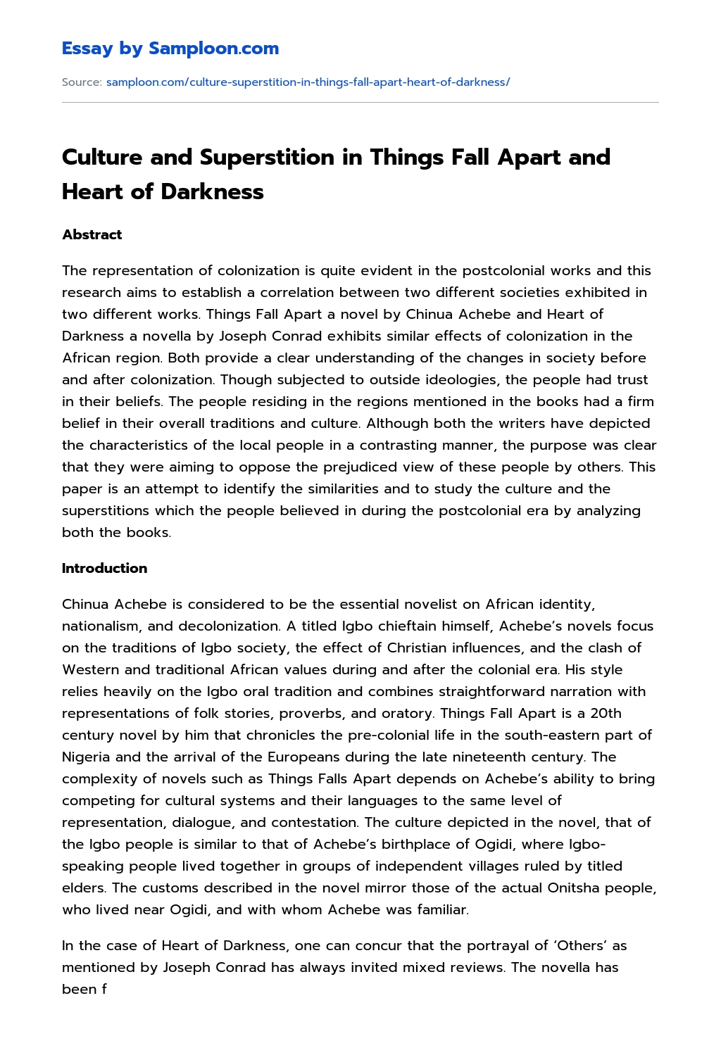 Culture and Superstition in Things Fall Apart and Heart of Darkness Summary essay