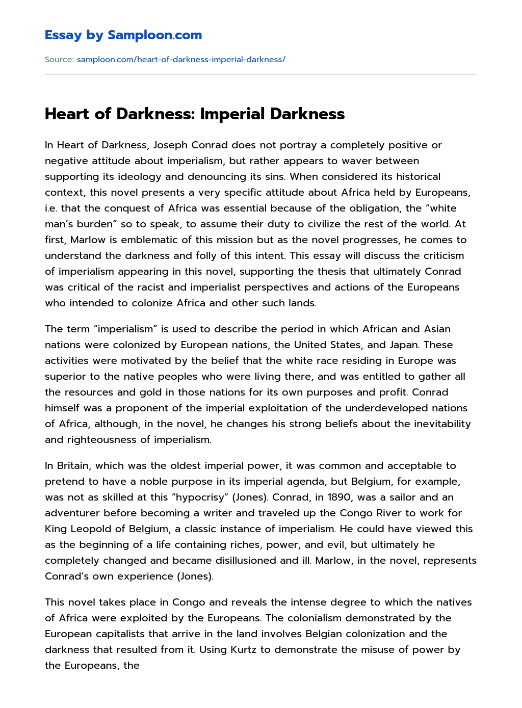 Heart of Darkness: Imperial Darkness Character Analysis essay