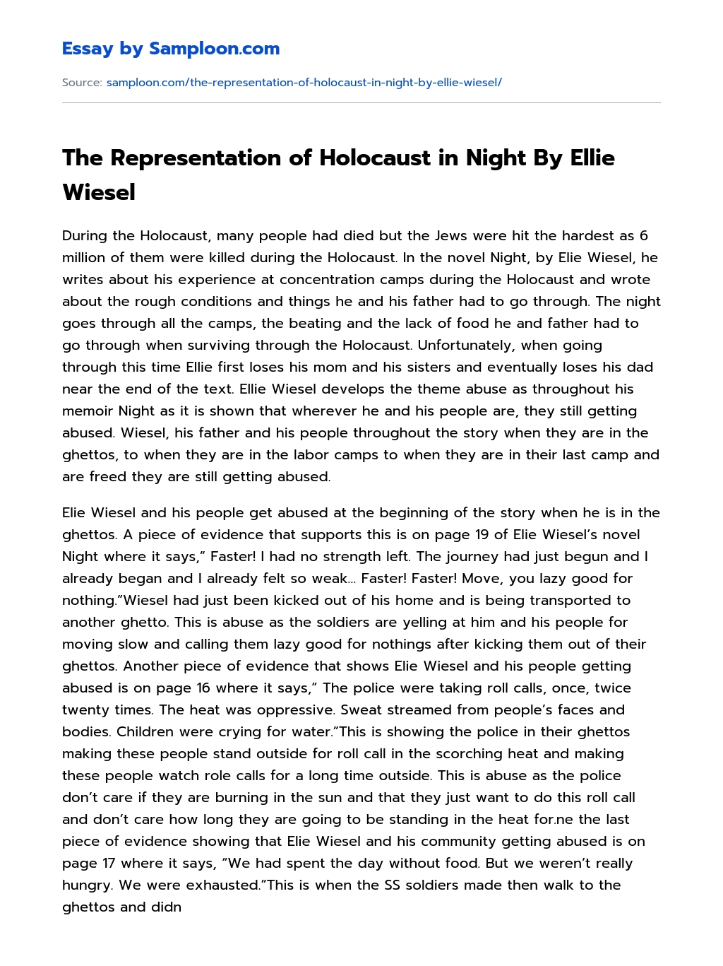 The Representation of Holocaust in Night By Ellie Wiesel essay