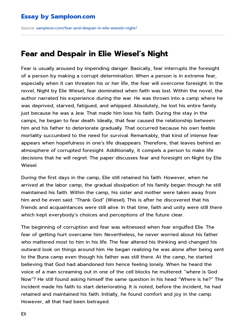 Fear and Despair in Elie Wiesel’s Night essay