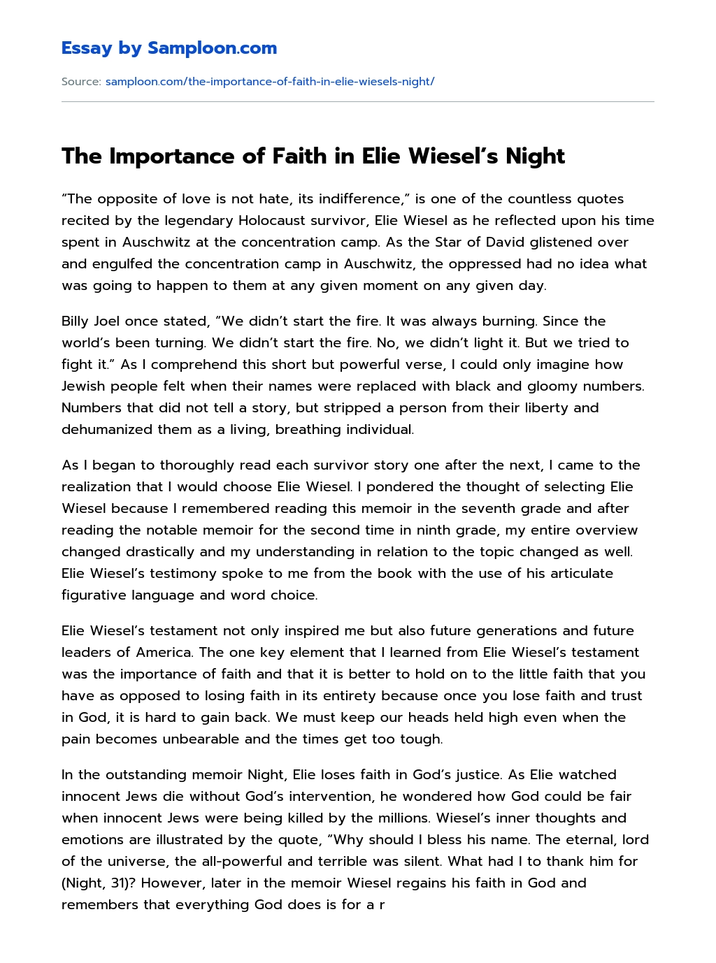 The Importance of Faith in Elie Wiesel’s Night essay