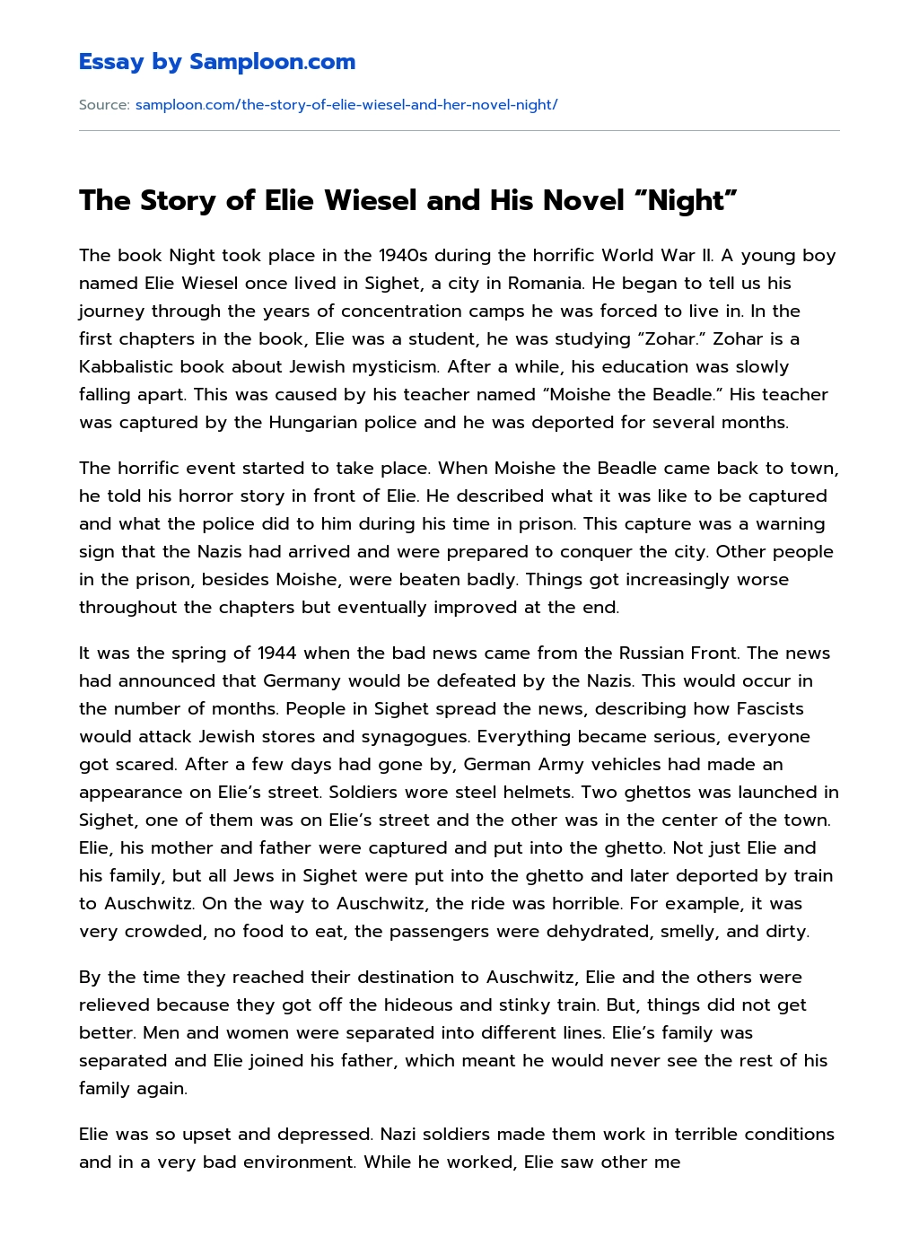 The Story of Elie Wiesel and His Novel “Night” essay