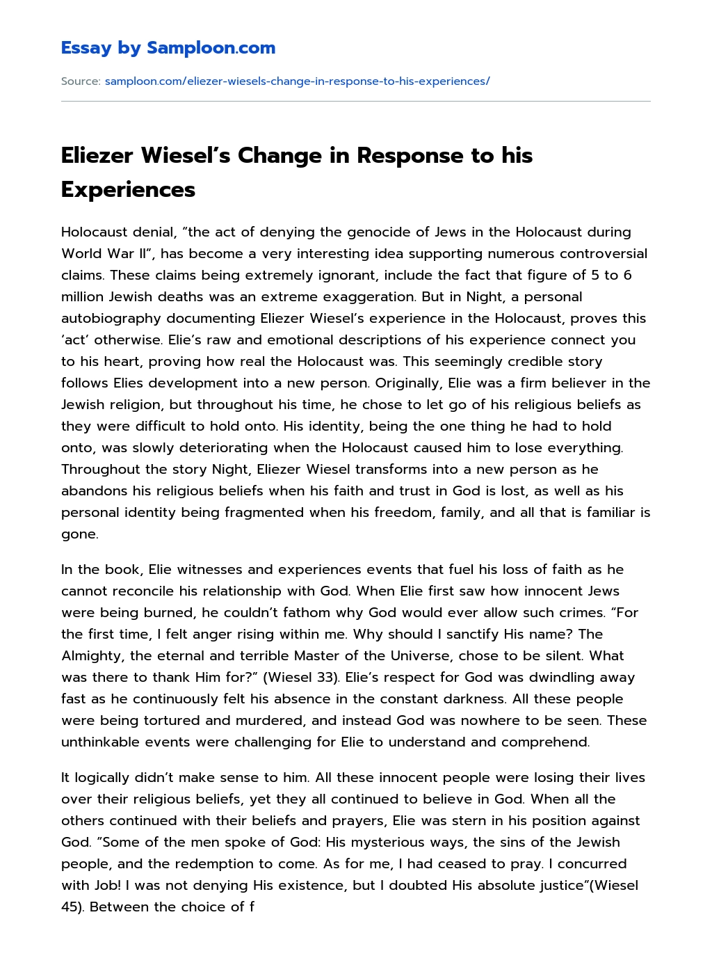 Eliezer Wiesel’s Change in Response to his Experiences essay