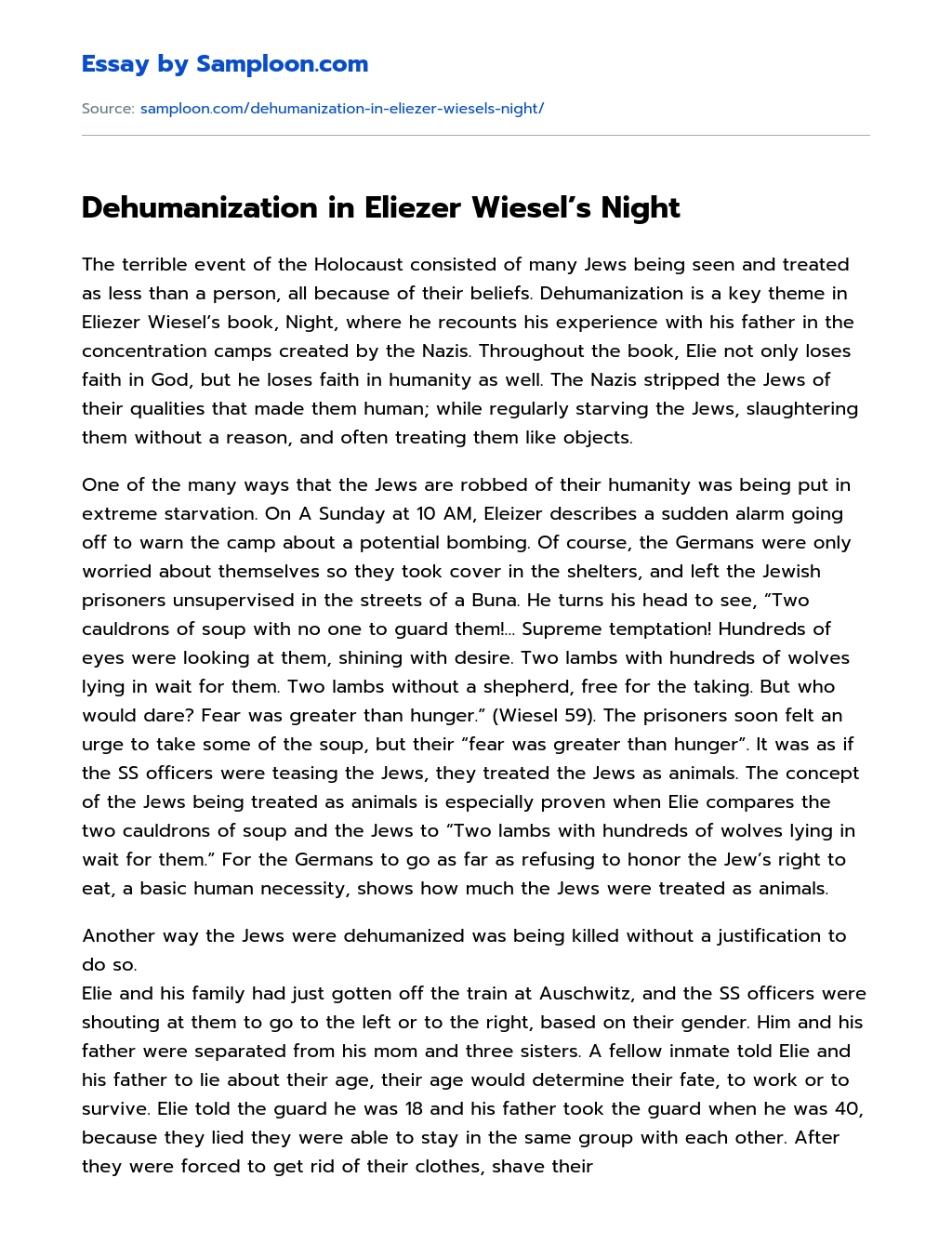 Dehumanization in Eliezer Wiesel’s Night essay