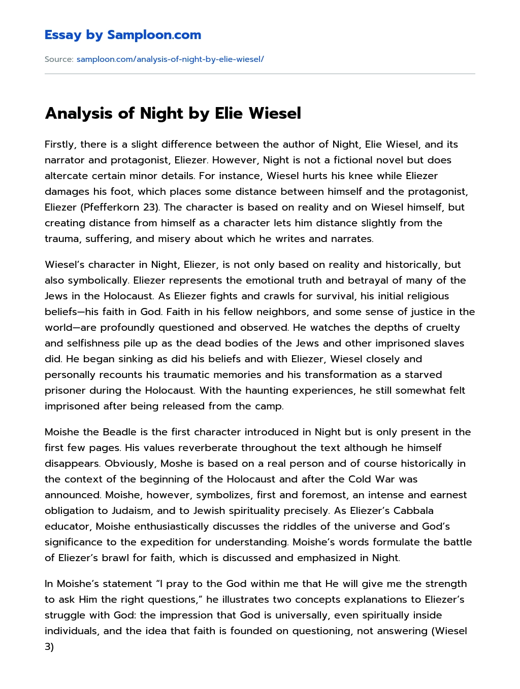 Analysis of Night by Elie Wiesel essay