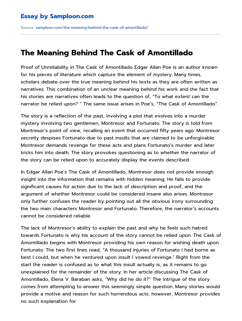 The Meaning Behind The Cask of Amontillado Analytical Essay essay