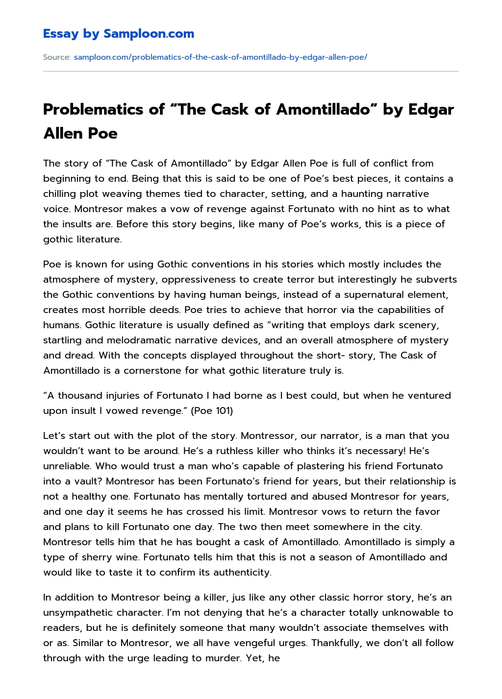 Problematics of “The Cask of Amontillado” by Edgar Allen Poe Summary essay