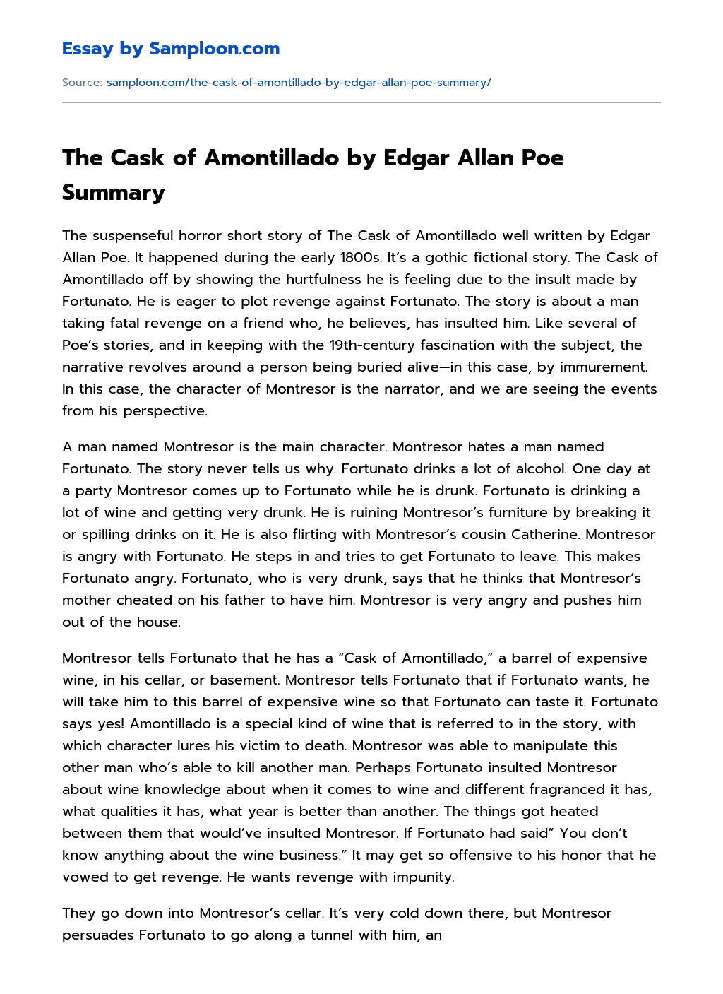The Cask of Amontillado by Edgar Allan Poe Summary essay