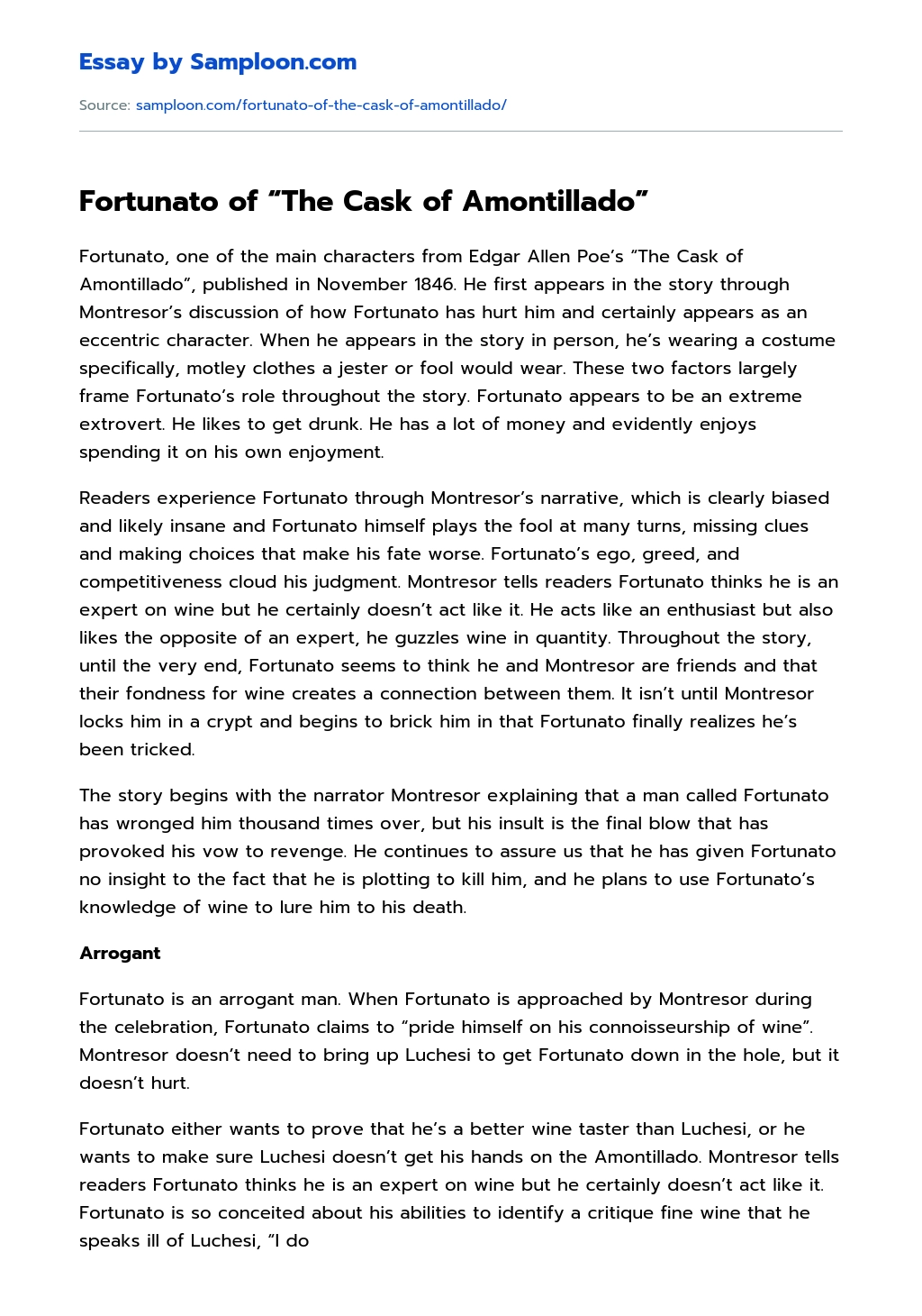 Fortunato of “The Cask of Amontillado” Analytical Essay essay