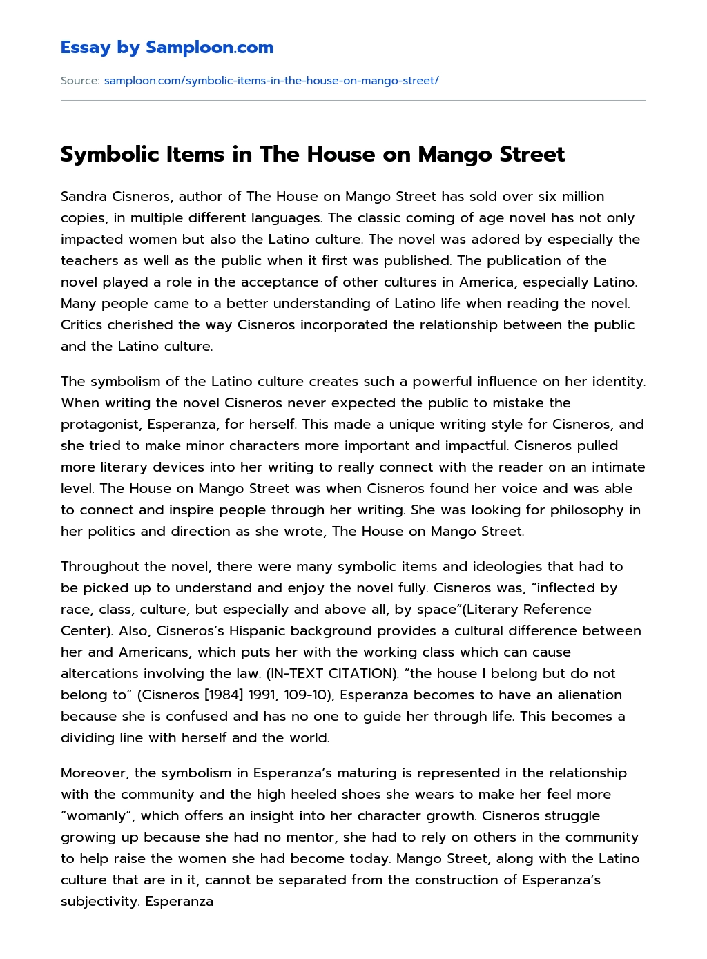 Symbolic Items in The House on Mango Street essay