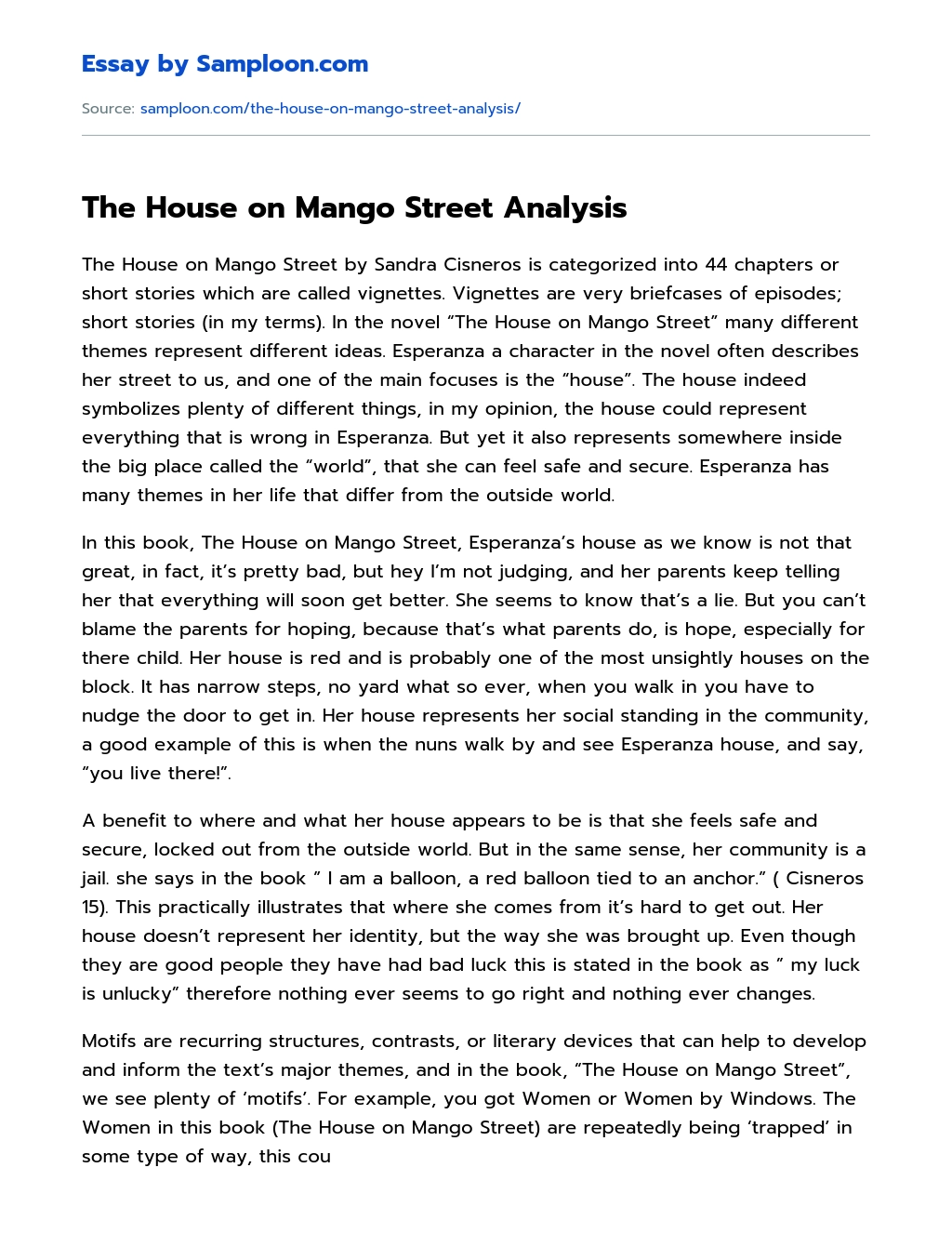 The House on Mango Street Analysis essay