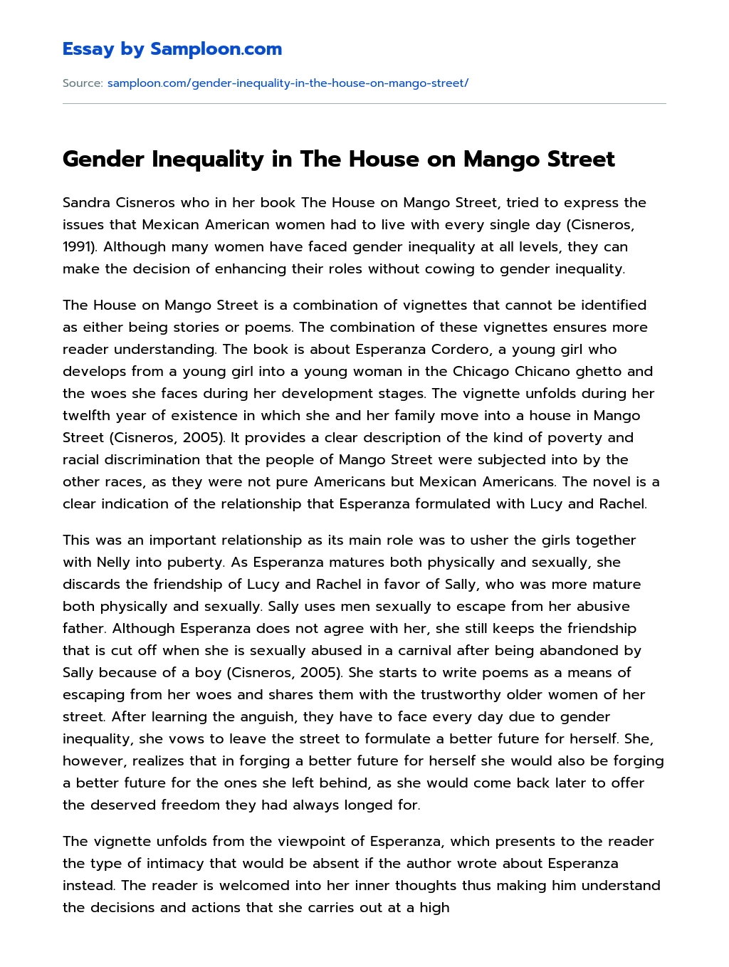 Gender Inequality in The House on Mango Street Analytical Essay essay