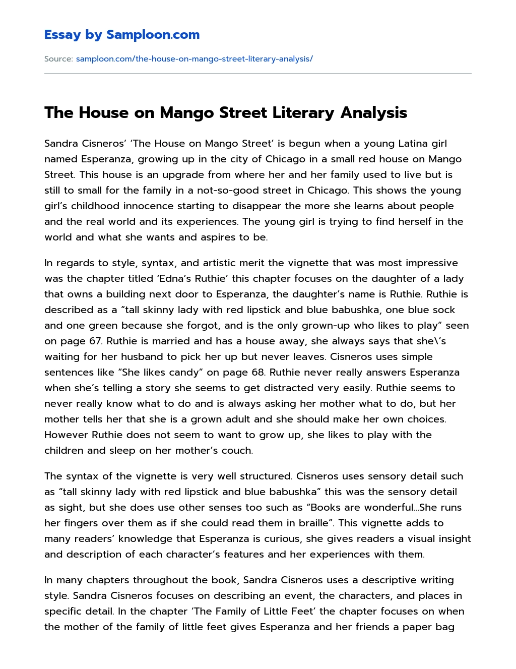 The House on Mango Street Literary Analysis essay